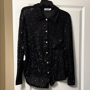 Porter Black Sequin Button-Up Blouse